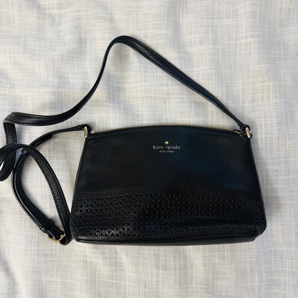Kate Spade black pebbled leather crossbody bag purse with perforated detail